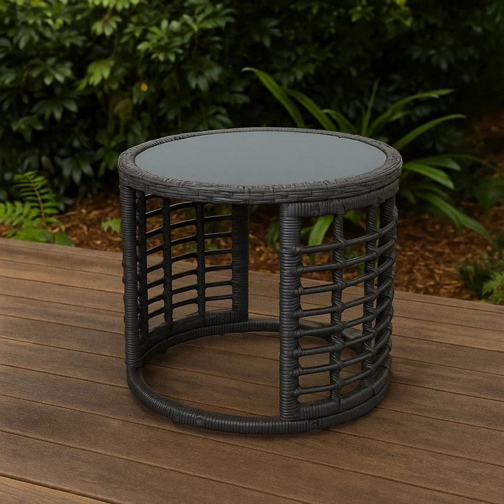 Outdoor Round Side End Table with Woven Accents, 18 Inch, Gray Rattan -BM324948