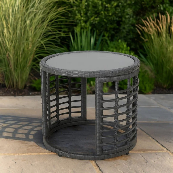 Outdoor Round Side End Table with Woven Accents, 18 Inch, Gray Rattan -BM324948