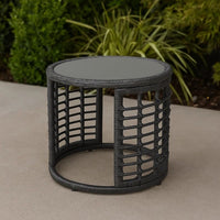 Outdoor Round Side End Table with Woven Accents, 18 Inch, Gray Rattan -BM324948