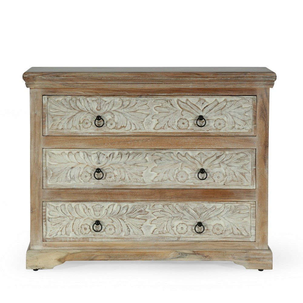 40x14 Wide Dresser Chest, 3 Drawers, White Walnut Brown Acacia Wood -BM324949