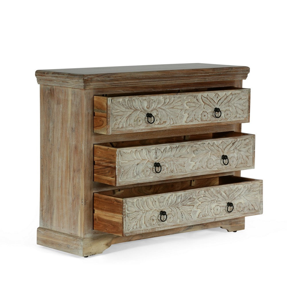 40x14 Wide Dresser Chest, 3 Drawers, White Walnut Brown Acacia Wood -BM324949