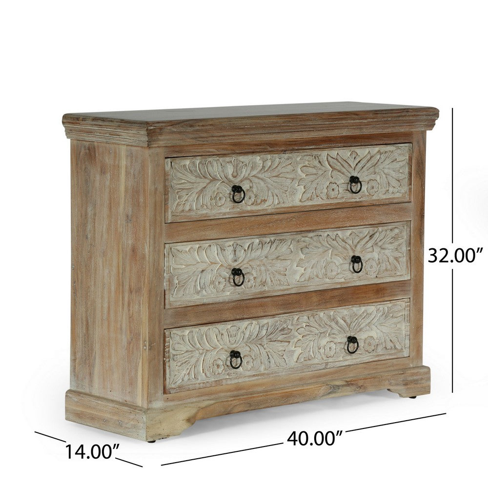 40x14 Wide Dresser Chest, 3 Drawers, White Walnut Brown Acacia Wood -BM324949