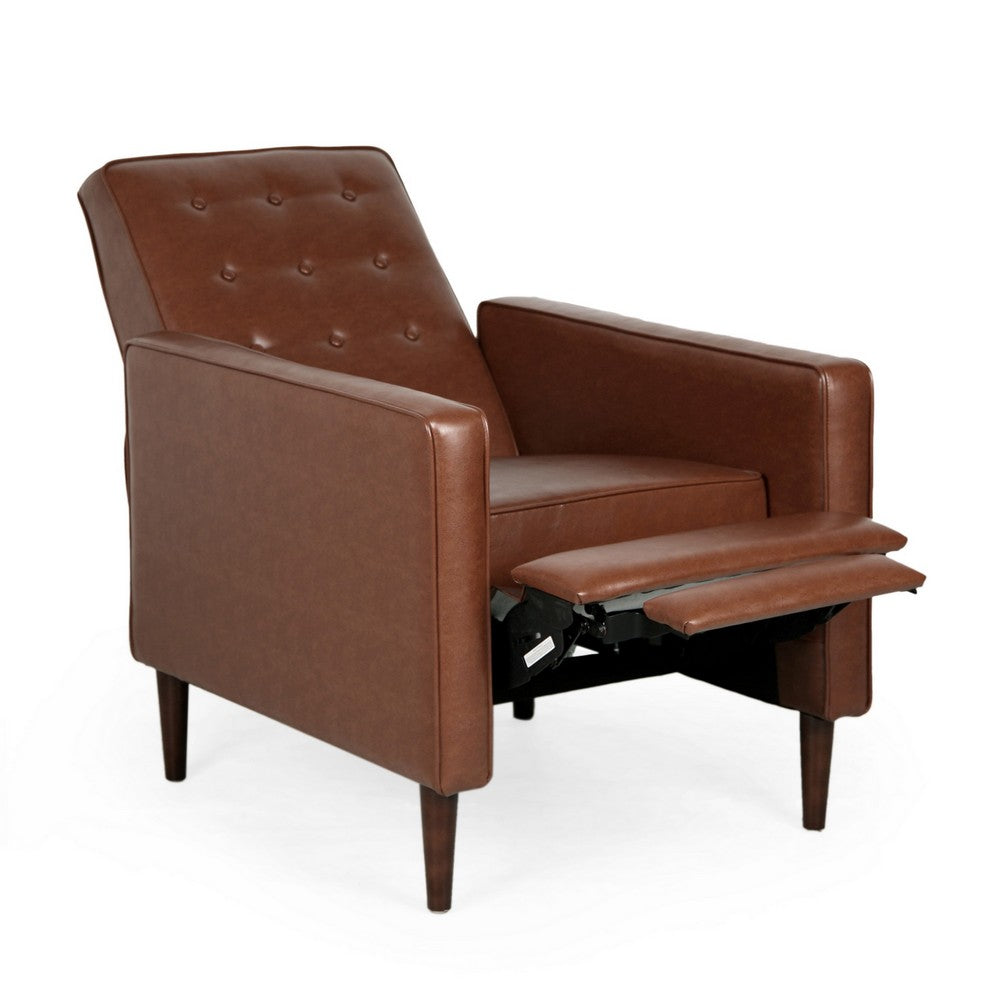 Recliner Chair, Birch Wood, Brown Tufted Waffle Stitch Faux Leather -BM324950