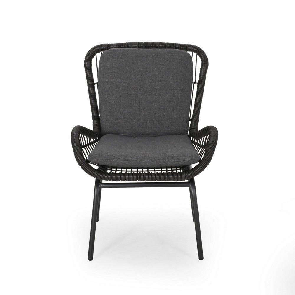 Patio Accent Chair Set of 2, Open Wicker, Round Edge, Black Iron, Gray -BM324951