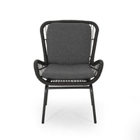 Patio Accent Chair Set of 2, Open Wicker, Round Edge, Black Iron, Gray -BM324951