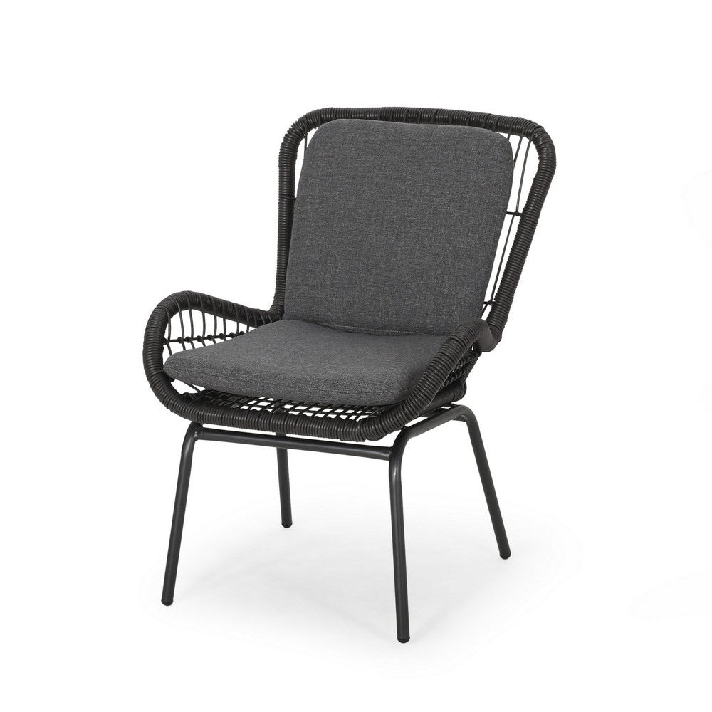 Patio Accent Chair Set of 2, Open Wicker, Round Edge, Black Iron, Gray -BM324951