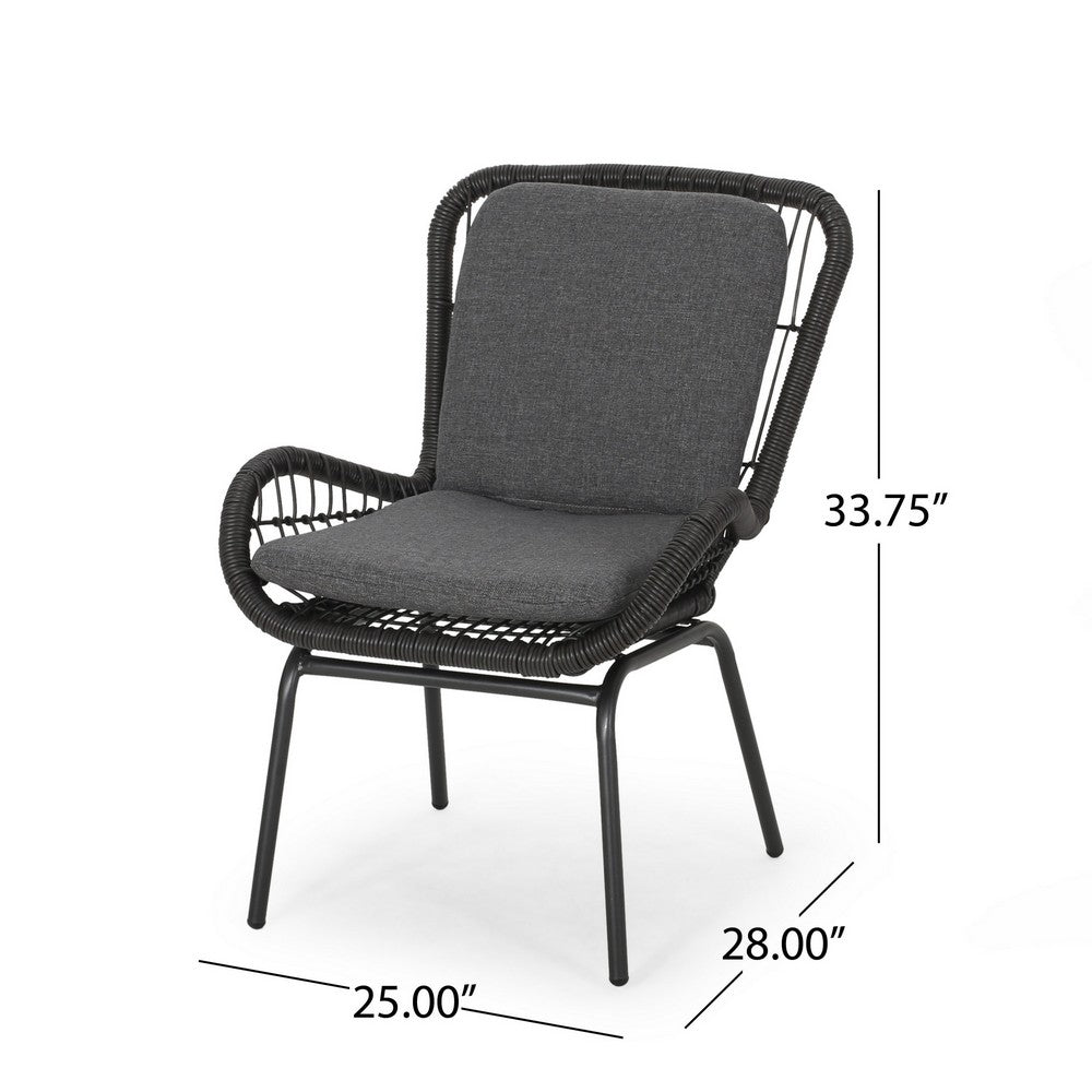 Patio Accent Chair Set of 2, Open Wicker, Round Edge, Black Iron, Gray -BM324951