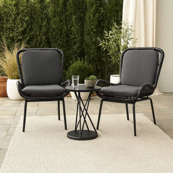 Patio Accent Chair Set of 2, Open Wicker, Round Edge, Black Iron, Gray -BM324951