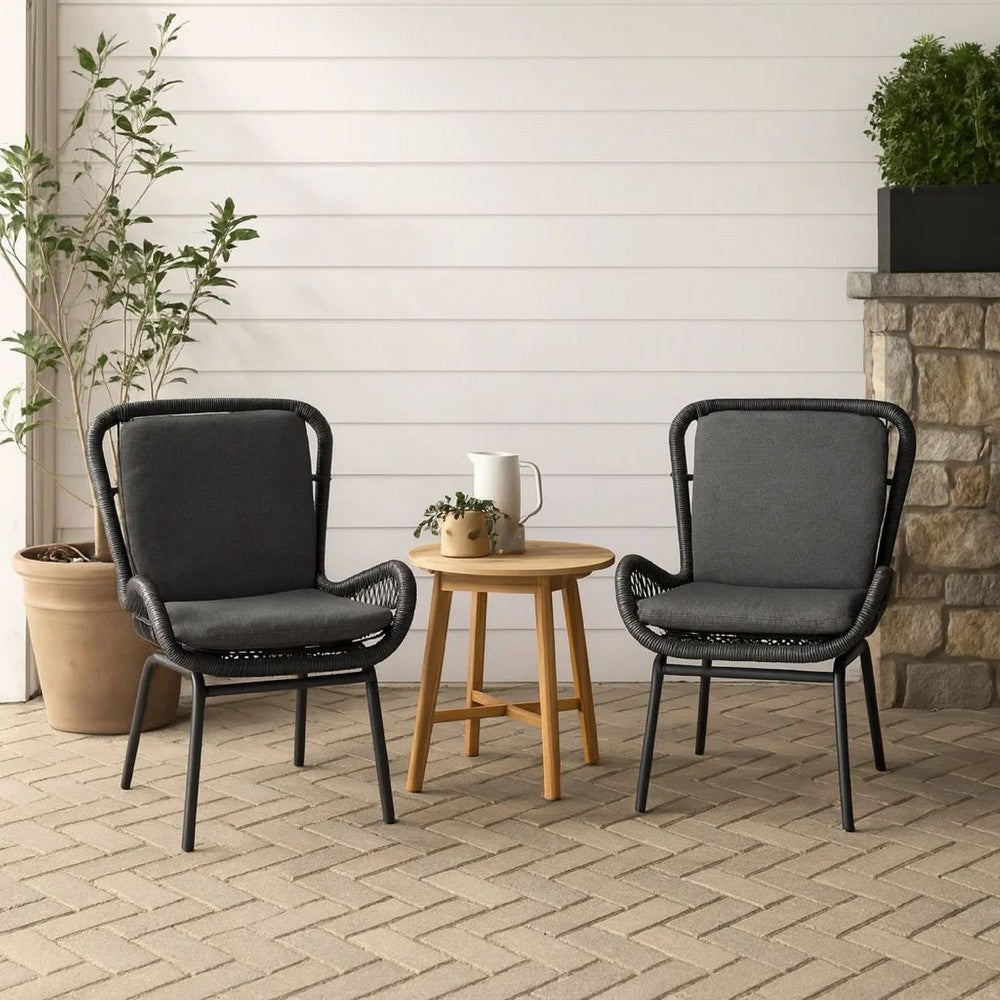 Patio Accent Chair Set of 2, Open Wicker, Round Edge, Black Iron, Gray -BM324951