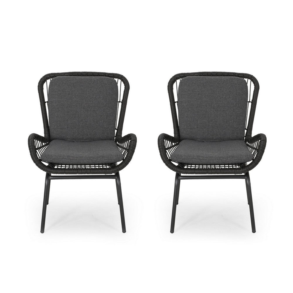 Patio Accent Chair Set of 2, Open Wicker, Round Edge, Black Iron, Gray -BM324951