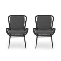 Patio Accent Chair Set of 2, Open Wicker, Round Edge, Black Iron, Gray -BM324951