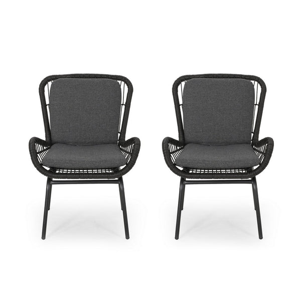Patio Accent Chair Set of 2, Open Wicker, Round Edge, Black Iron, Gray -BM324951