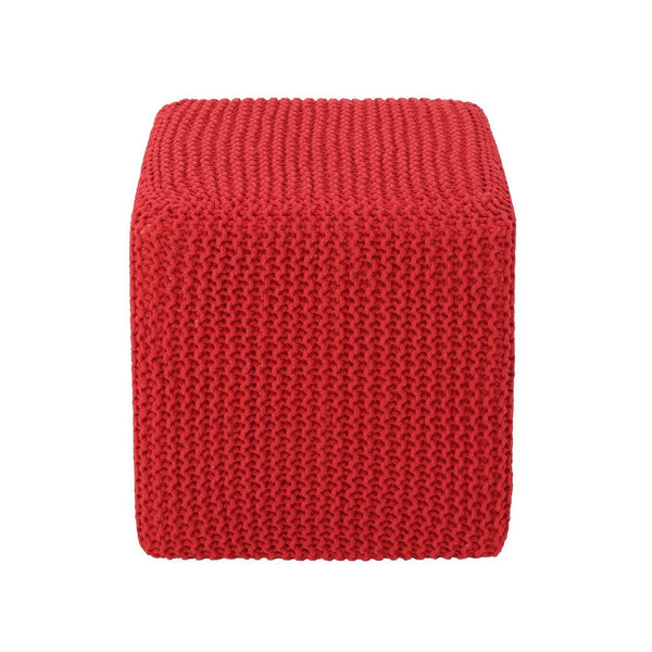 Square Footstool Ottoman, 17 Inch, Cozy Red Knitted Cotton Details -BM324953