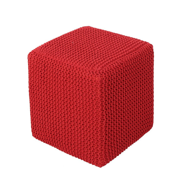 Square Footstool Ottoman, 17 Inch, Cozy Red Knitted Cotton Details