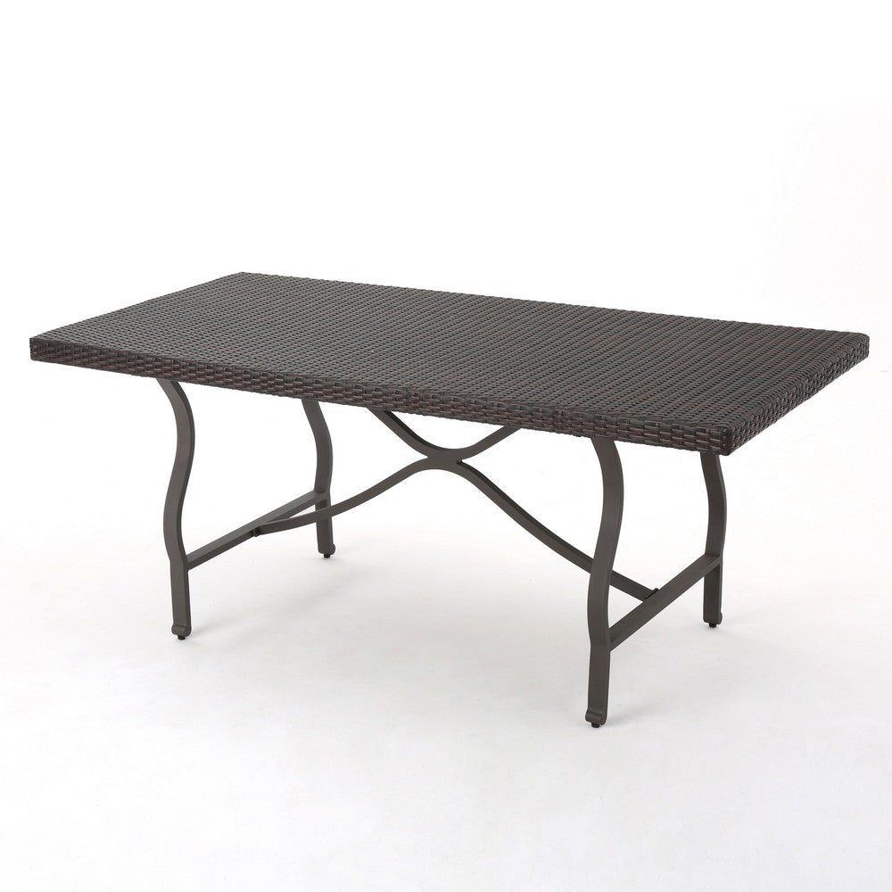 Outdoor Dining Table, 70 Inch, Brown Faux Rattan, Gray Iron Frame