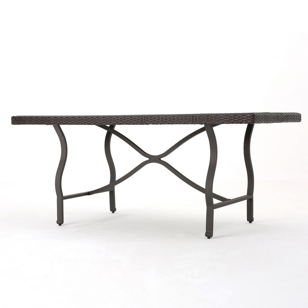 Outdoor Dining Table, 70 Inch, Brown Faux Rattan, Gray Iron Frame -BM324965