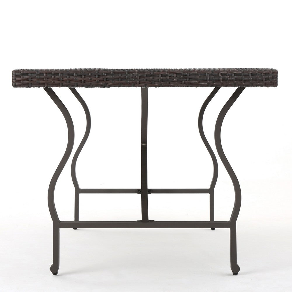 Outdoor Dining Table, 70 Inch, Brown Faux Rattan, Gray Iron Frame -BM324965