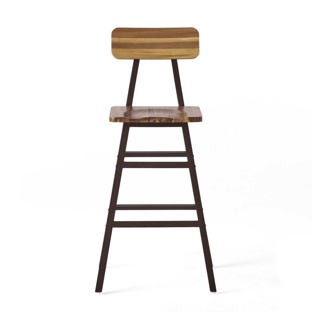 Barstool Chair Set of 2, Natural Brown Wood Open Back, Gray Metal -BM324973