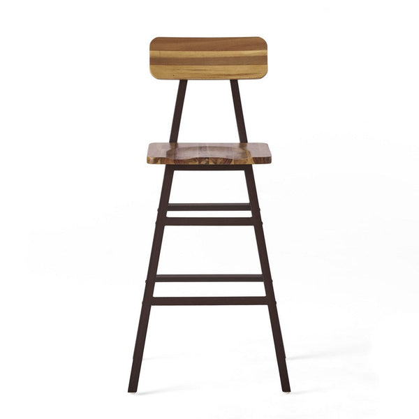 Barstool Chair Set of 2, Natural Brown Wood Open Back, Gray Metal -BM324973