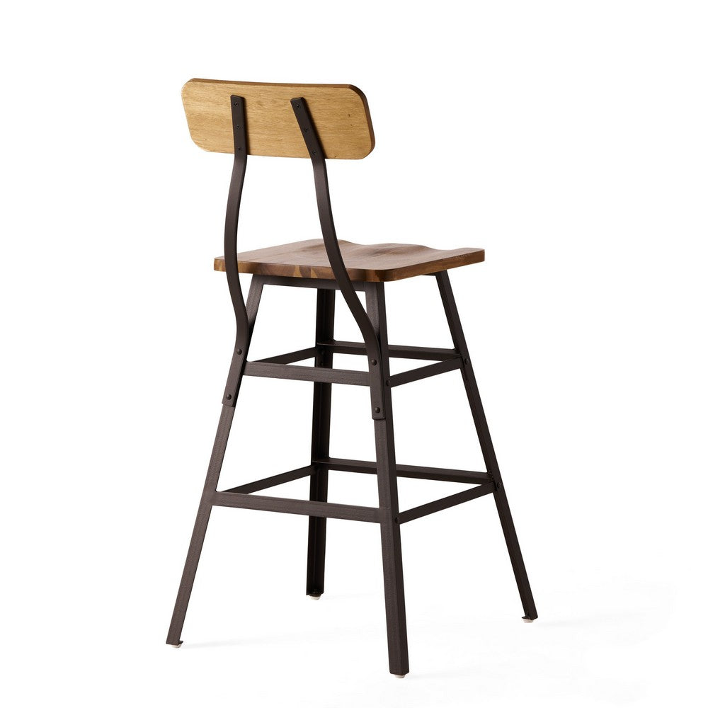 Barstool Chair Set of 2, Natural Brown Wood Open Back, Gray Metal -BM324973