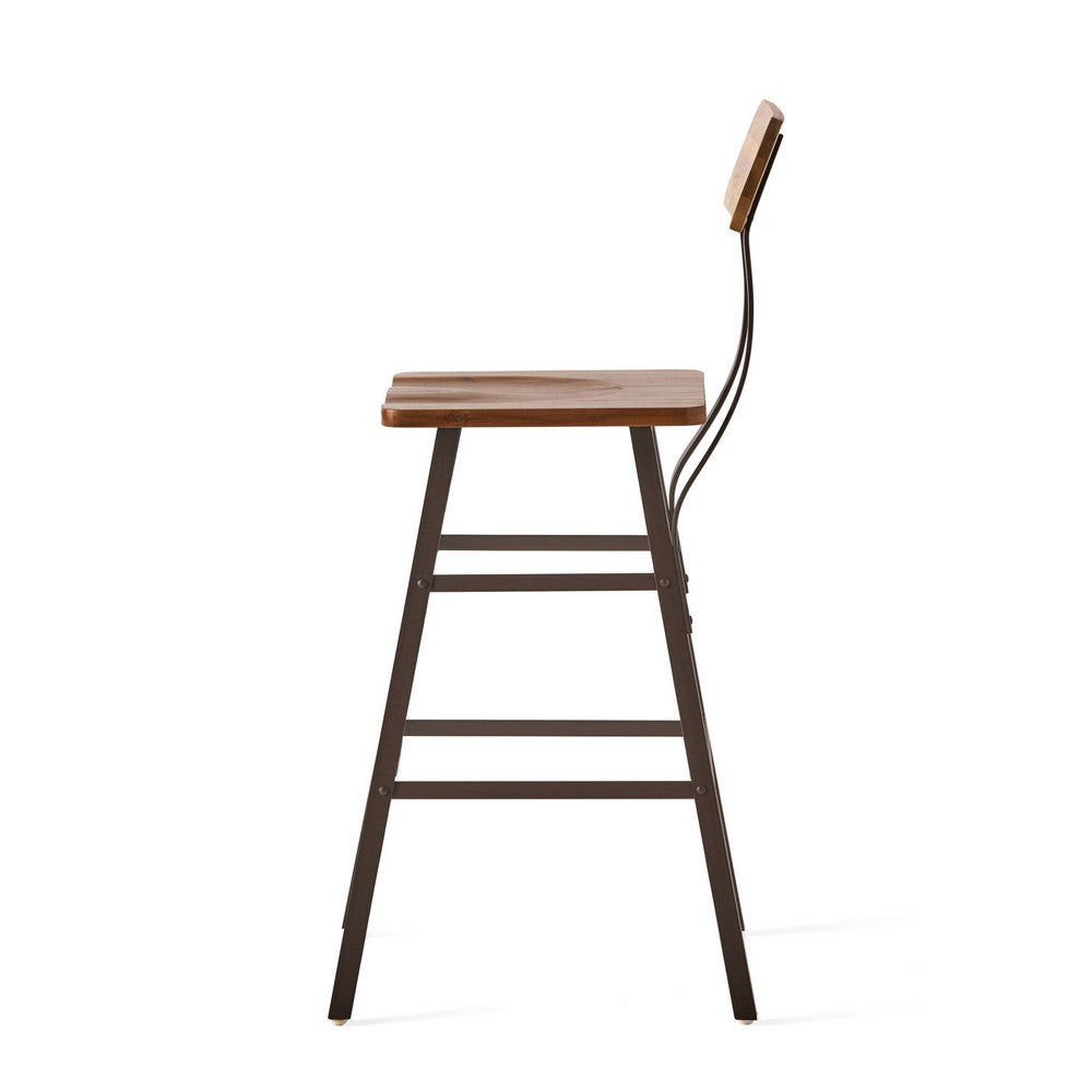 Barstool Chair Set of 2, Natural Brown Wood Open Back, Gray Metal -BM324973