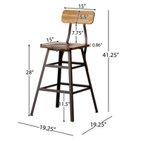 Barstool Chair Set of 2, Natural Brown Wood Open Back, Gray Metal -BM324973
