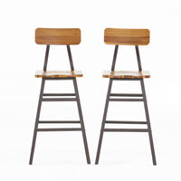 Barstool Chair Set of 2, Natural Brown Wood Open Back, Gray Metal