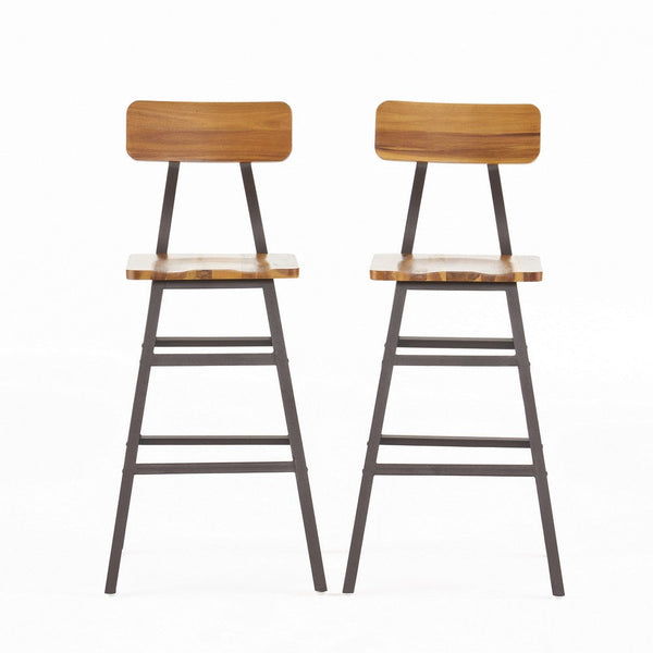 Barstool Chair Set of 2, Natural Brown Wood Open Back, Gray Metal