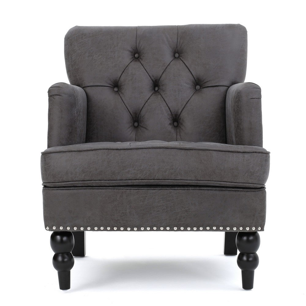Lit Accent Armchair, Gray Microfiber Fabric, Button Tufted Design -BM324975