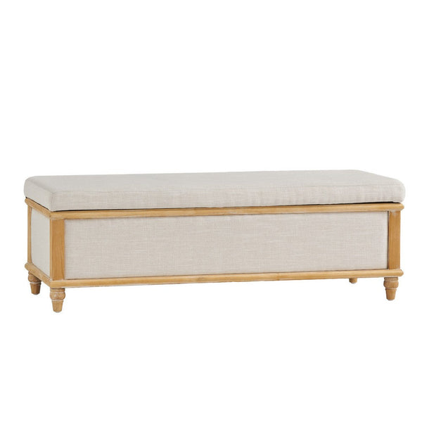 Patty Storage Ottoman Bench, White Fabric, Natural Brown Wood, 49 Inch