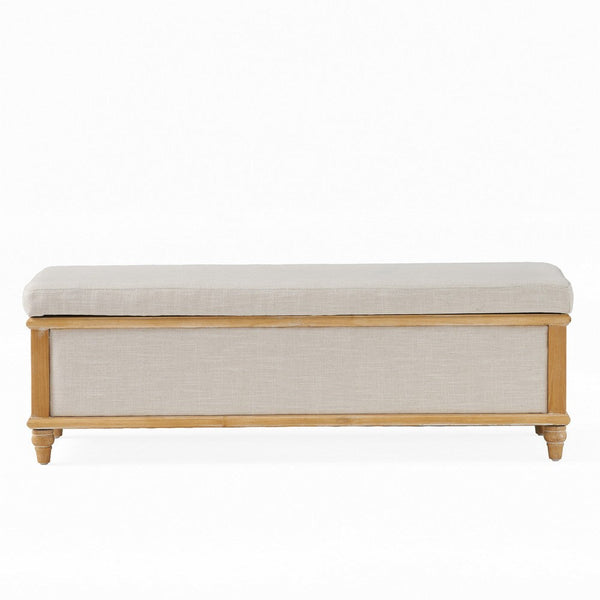 Patty Storage Ottoman Bench, White Fabric, Natural Brown Wood, 49 Inch -BM324979