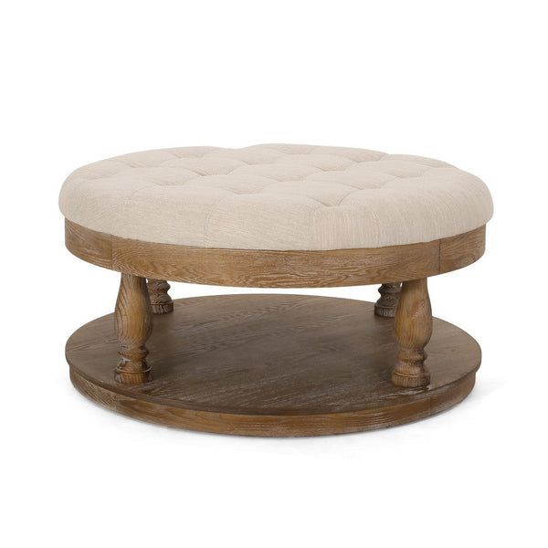 Sanya Ottoman Table, Beige Fabric, Brown Wood Frame, Round 40 Inch -BM324980