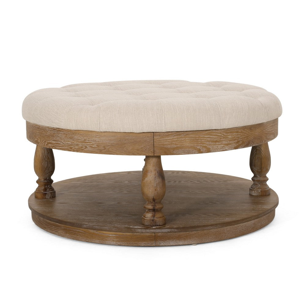 Sanya Ottoman Table, Beige Fabric, Brown Wood Frame, Round 40 Inch -BM324980