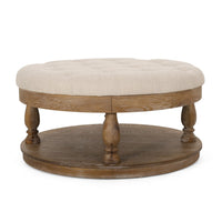 Sanya Ottoman Table, Beige Fabric, Brown Wood Frame, Round 40 Inch -BM324980