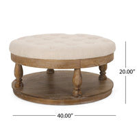 Sanya Ottoman Table, Beige Fabric, Brown Wood Frame, Round 40 Inch -BM324980