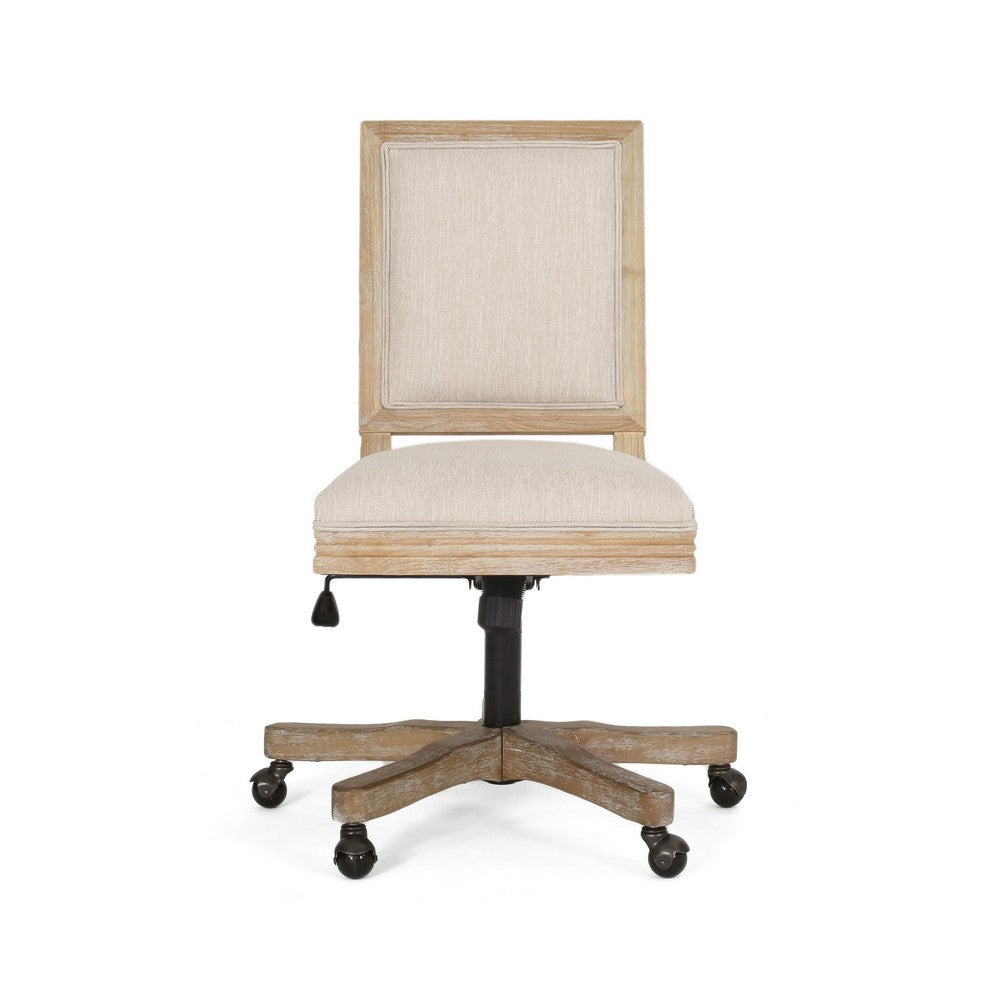 Swivel Rolling Office Chair, Beige Fabric, Weathered Light Brown Wood -BM324983