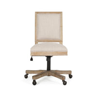 Swivel Rolling Office Chair, Beige Fabric, Weathered Light Brown Wood -BM324983