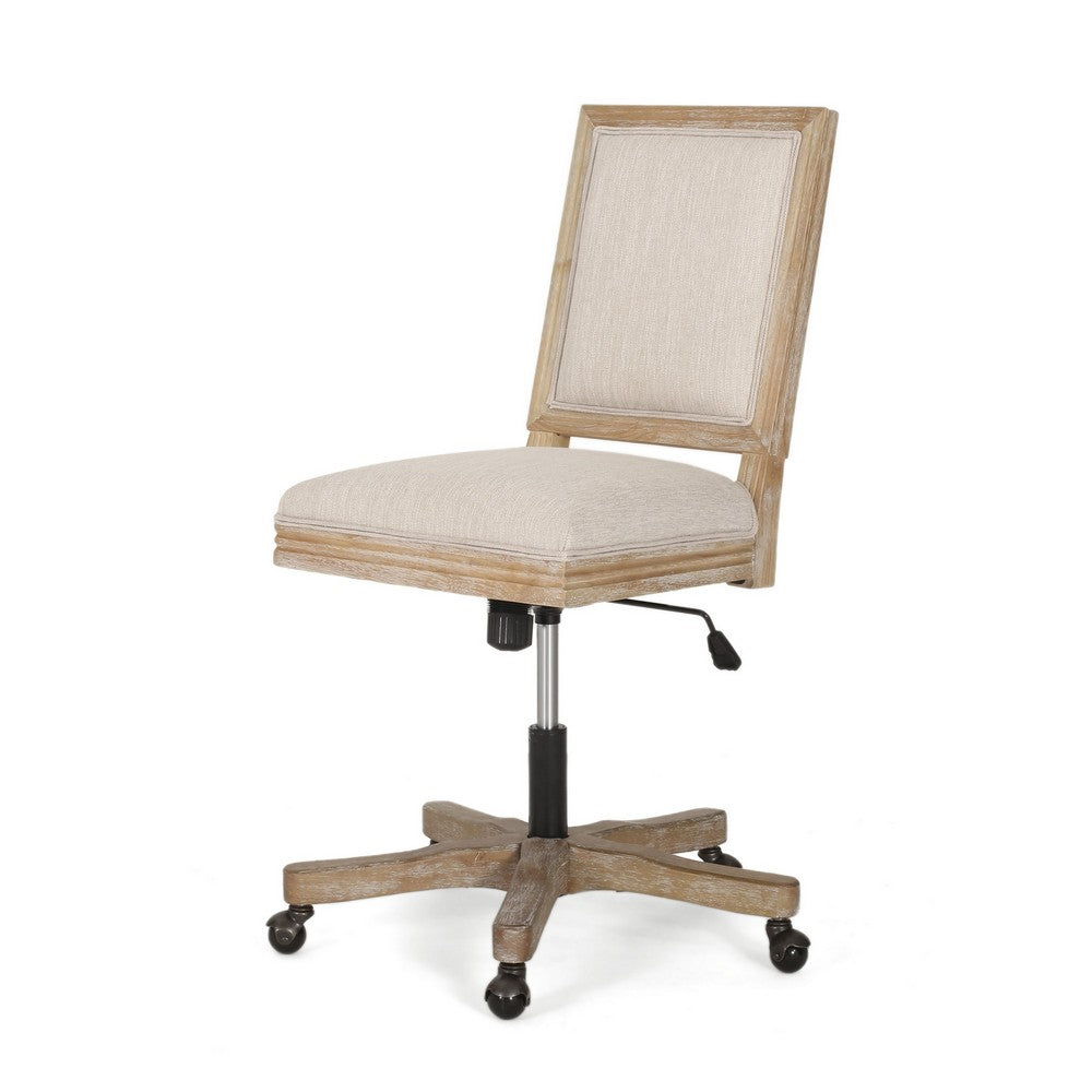 Swivel Rolling Office Chair, Beige Fabric, Weathered Light Brown Wood -BM324983