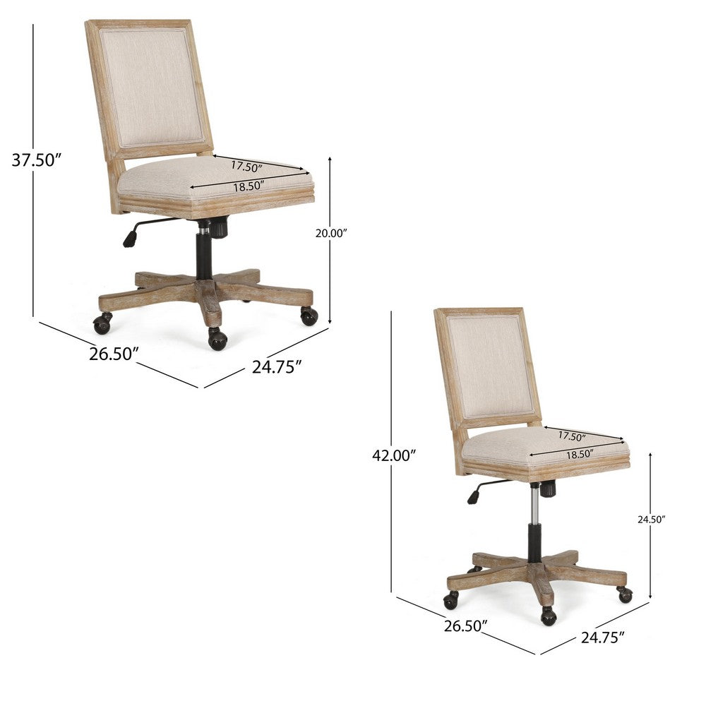 Swivel Rolling Office Chair, Beige Fabric, Weathered Light Brown Wood -BM324983