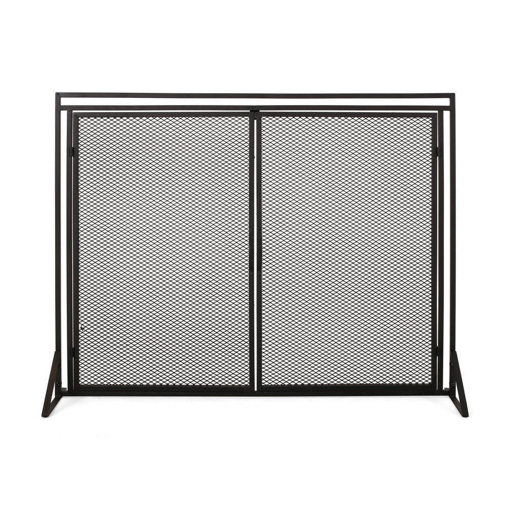 Fireplace Screen, 2 Doors, Open Diamond Mesh Design, Matte Black Iron -BM324999
