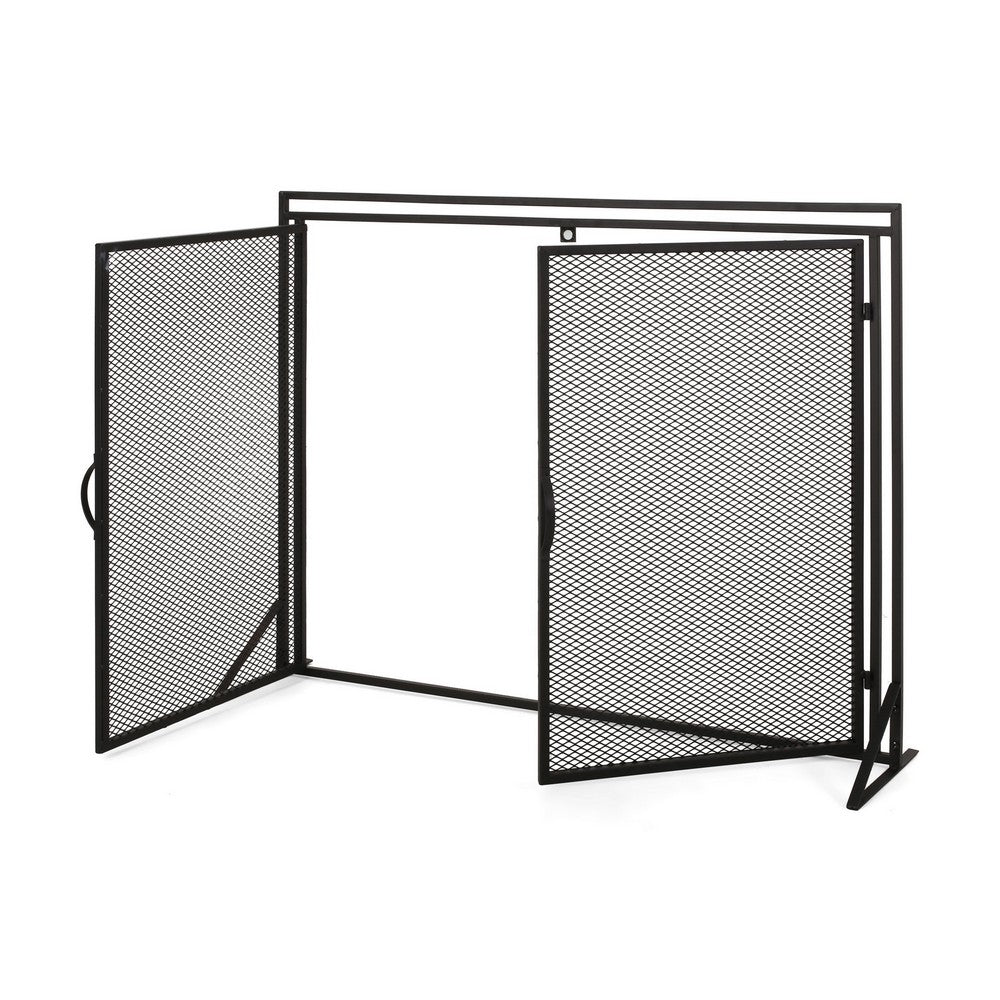 Fireplace Screen, 2 Doors, Open Diamond Mesh Design, Matte Black Iron -BM324999