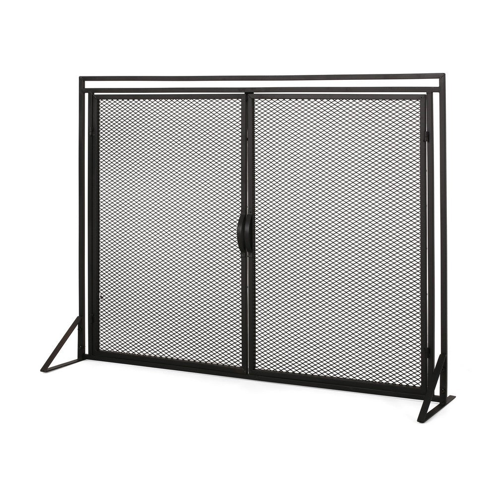 Fireplace Screen, 2 Doors, Open Diamond Mesh Design, Matte Black Iron -BM324999
