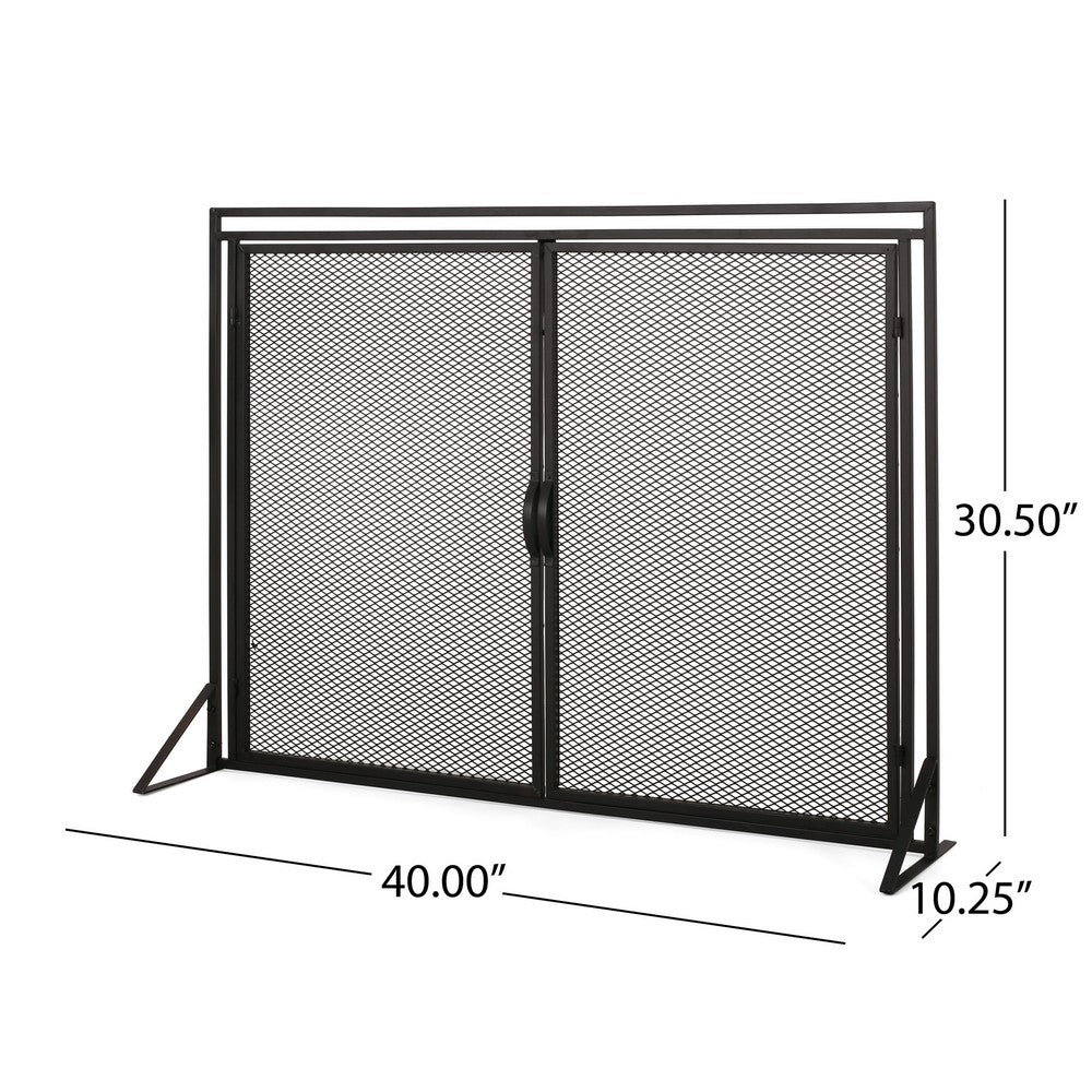 Fireplace Screen, 2 Doors, Open Diamond Mesh Design, Matte Black Iron -BM324999