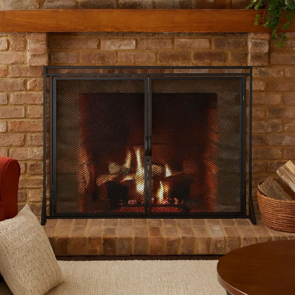Fireplace Screen, 2 Doors, Open Diamond Mesh Design, Matte Black Iron -BM324999