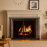 Fireplace Screen, 2 Doors, Open Diamond Mesh Design, Matte Black Iron -BM324999