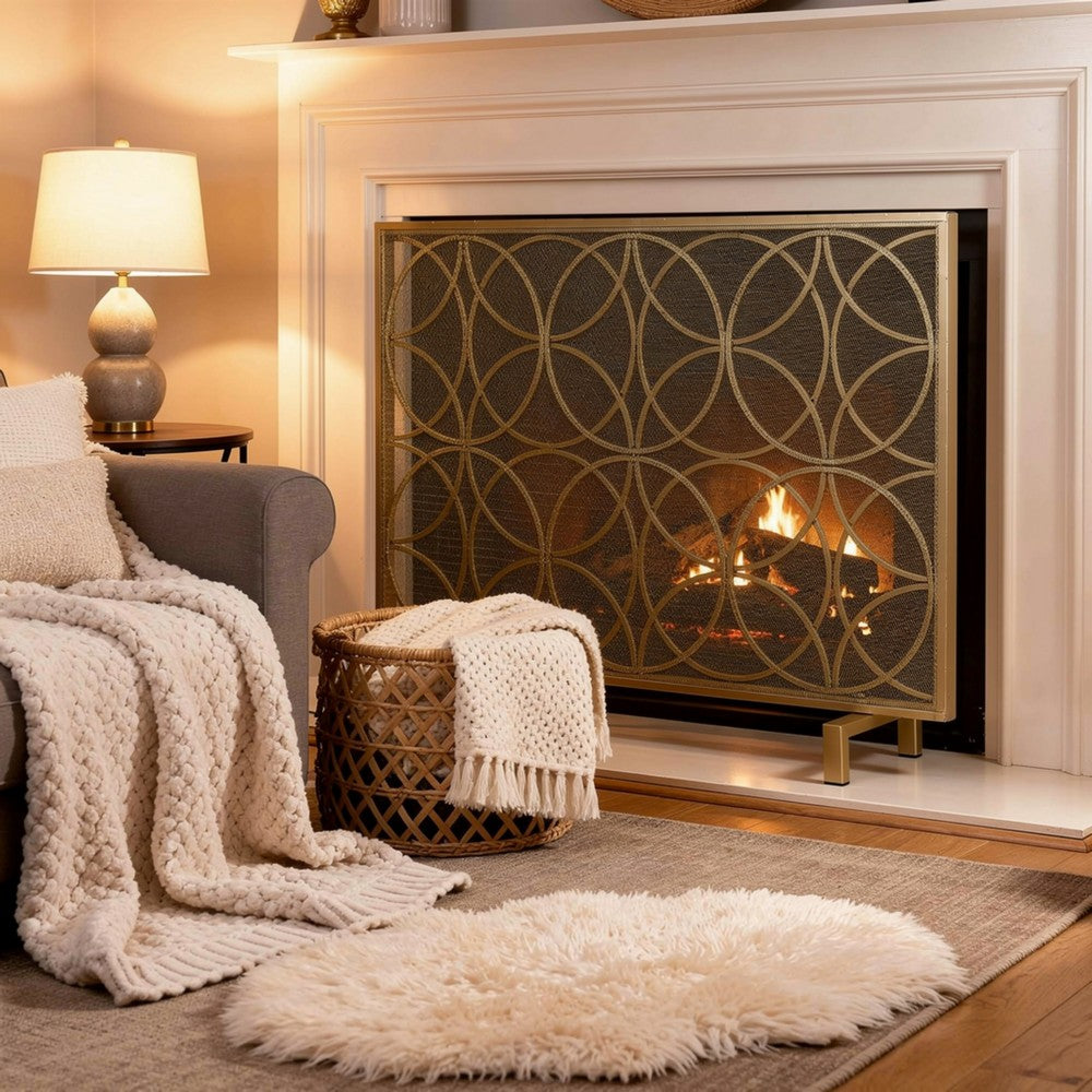 Gold Fireplace Screen, Single Panel Overlapping Circle Design, 41x31 -BM325000