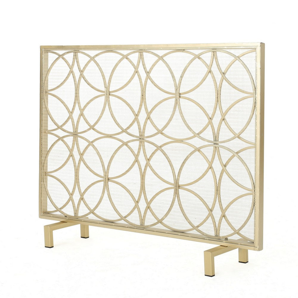 benzara Gold Fireplace Screen Single Panel Overlapping Circle Design 41x31 -BM325000