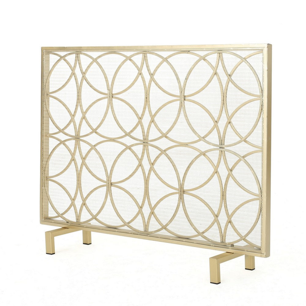 Gold Fireplace Screen, Single Panel Overlapping Circle Design, 41x31 -BM325000
