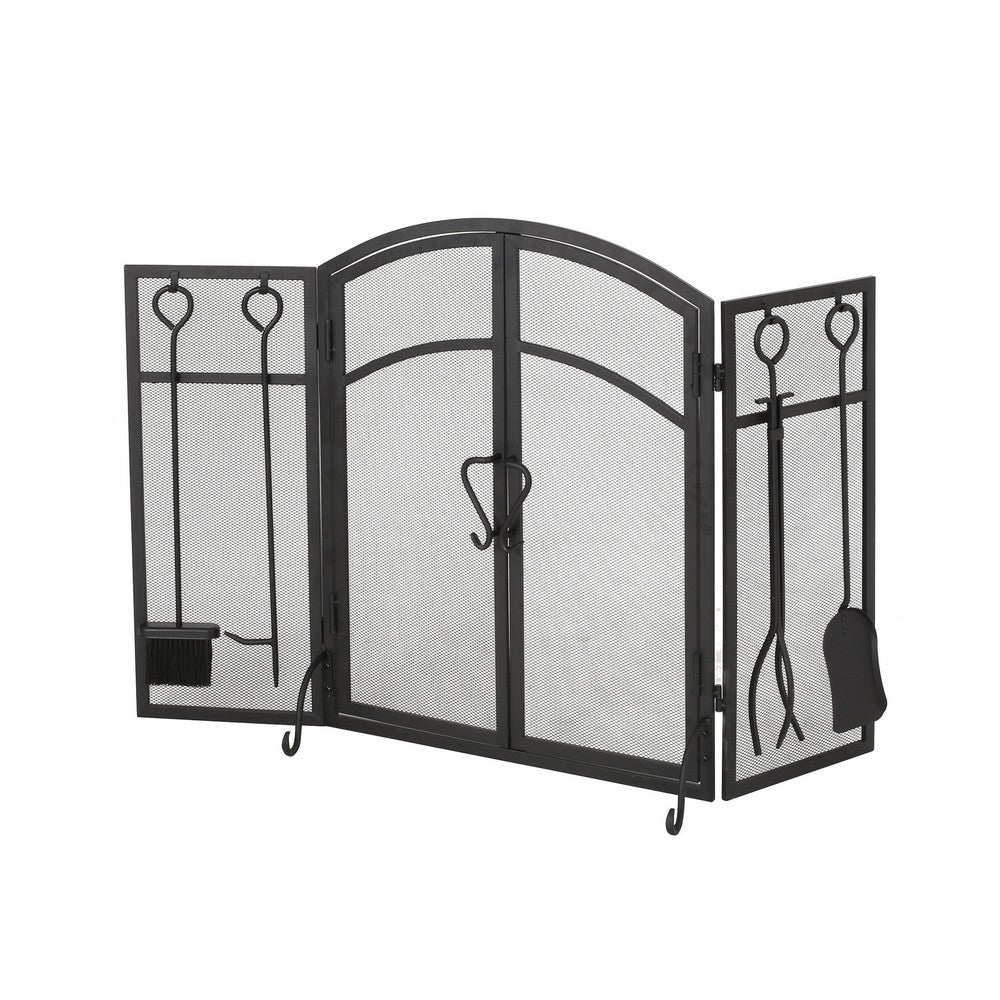 benzara Tri Fold Fireplace Screen with 4 pcs Tool Set Fine Mesh Black Doors -BM325004