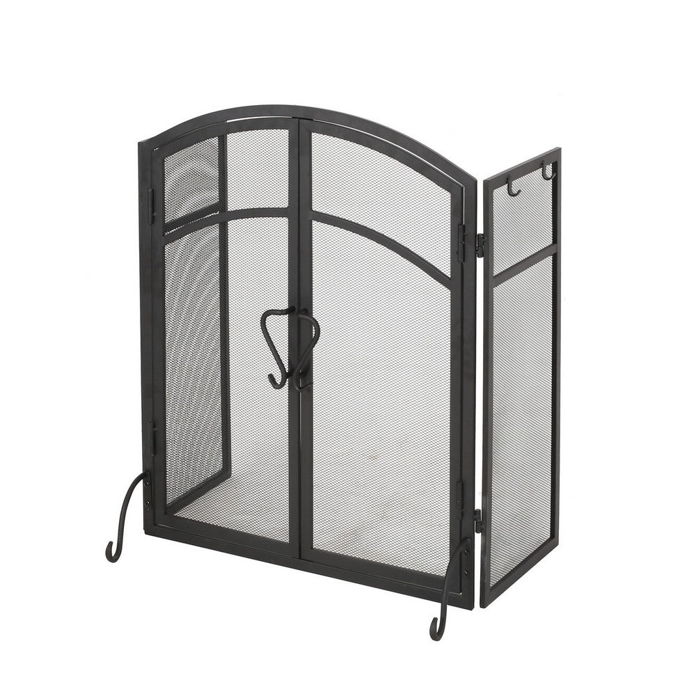 Tri Fold Fireplace Screen with 4 pcs Tool Set, Fine Mesh, Black Doors -BM325004